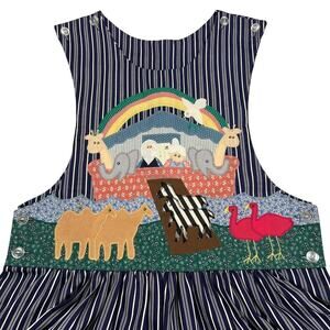 Handmade Artisan Applique Noah's Ark Jumper Dress Navy Pinstripe Est. Size L